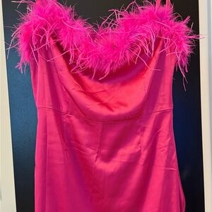 White Fox Boutique Pink Feather Trim Mini Dress